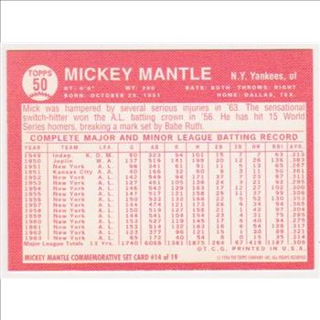 Mickey Mantle 1964 Topps #50 Commemorative Card - 1996 Topps #14 of 19 Insert Card
