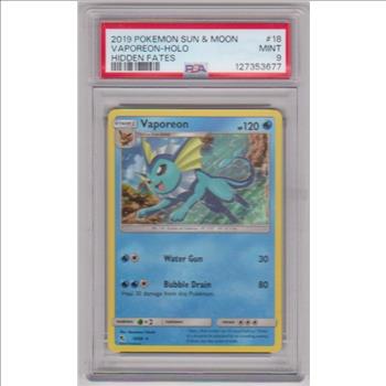 Graded PSA Mint 9 - Vaporeon 2019 Pokemon Sun & Moon Hidden Fates HOLO #18/68 Card