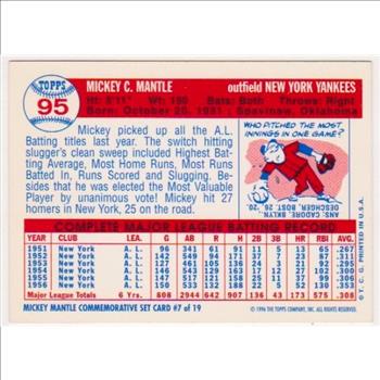 Mickey Mantle 1957 Topps #95 Commemorative Card - 1996 Topps #7 of 19 Insert Card