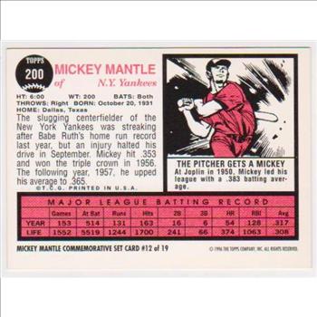 Mickey Mantle 1962 Topps #200 Commemorative Card - 1996 Topps #12 of 19 Insert Card