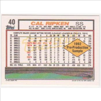 1992 Topps Gold Pre-Production Cal Ripken, Jr. #40 Sample Card