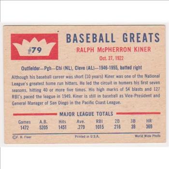 1960 Fleer Ralph Kiner #79 Card - HOF'er