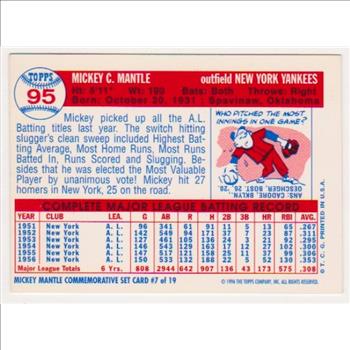 Mickey Mantle 1957 Topps #95 Commemorative Card - 1996 Topps #7 of 19 Insert Card