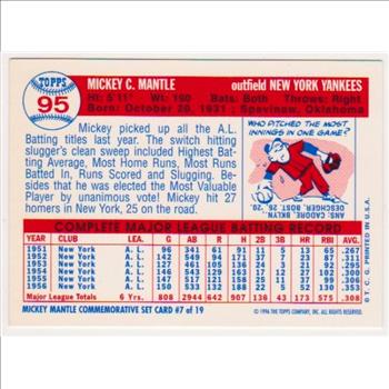 Mickey Mantle 1957 Topps #95 Commemorative Card - 1996 Topps #7 of 19 Insert Card