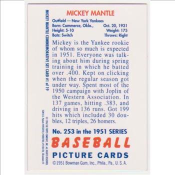 Mickey Mantle 1951 Bowman #253 Commemorative Card - 1996 Topps Finest #1 of 19 Insert Card
