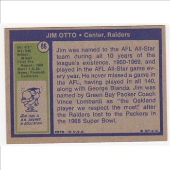 1972 Topps Jim Otto #86 Card - HOF'er