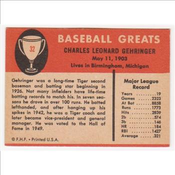 1961 Fleer Charlie Gehringer #32 Card - HOF'er