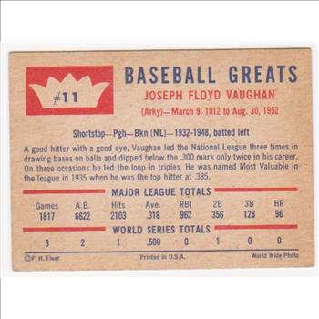 1960 Fleer Arky Vaughan #11 Card - HOF'er