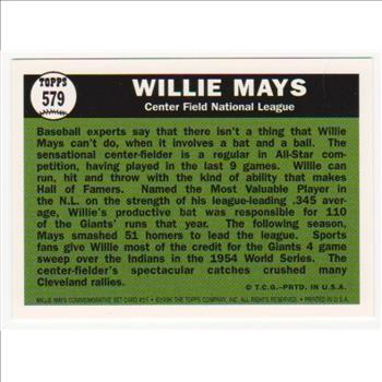 Willie Mays 1961 Topps #579 Commemorative Card - 1997 Topps #15 Insert Card
