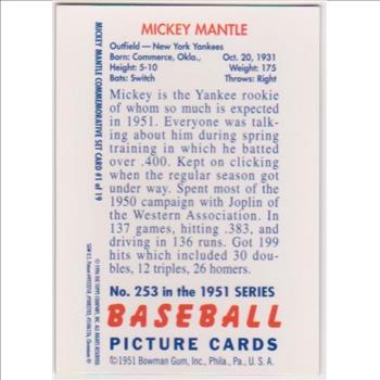 Mickey Mantle 1951 Bowman #253 Commemorative Card - 1996 Topps Finest #1 of 19 Insert Card
