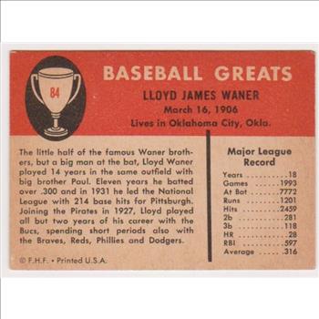 1961 Fleer Lloyd Waner #84 Card - HOF'er