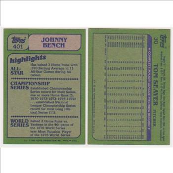 1982 Topps Johnny Bench #401 + Tom Seaver #30 Card Pair - HOF'ers