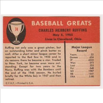 1961 Fleer Red Ruffing #74 Card - HOF'er
