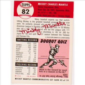 Mickey Mantle 1953 Topps #82 Commemorative Card - 1996 Topps #3 of 19 Insert Card