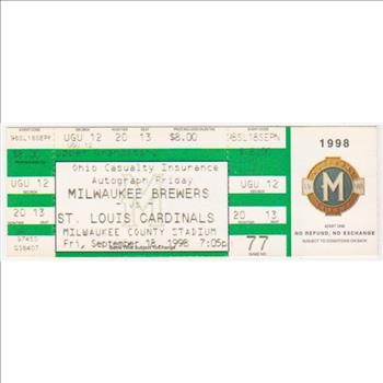 1998 Mark McGwire Home Run Record Breaking Season Cardinals/Brewers UNUSED Baseball Game Ticket - Home Run #64 Game!