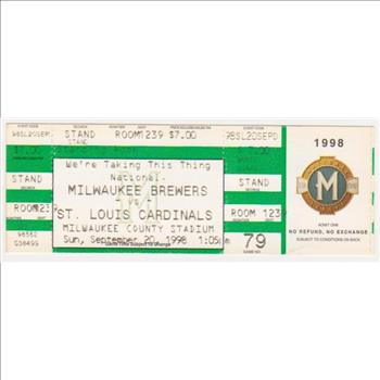1998 Mark McGwire Home Run Record Breaking Season Cardinals/Brewers UNUSED Baseball Game Ticket - Home Run #65 Game!