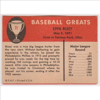 1961 Fleer Eppa Rixey #71 Card - HOF'er