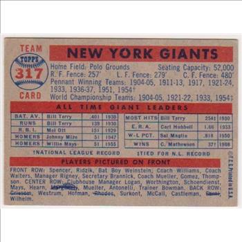 1957 Topps New York Giants Team Card #317 Card w/ Willie Mays + More