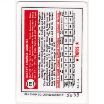  1952 Topps Mickey Mantle Porcelain Rookie Replica Card - Hand Numbered Limited Edition