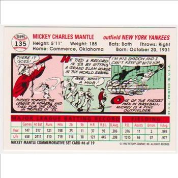 Mickey Mantle 1956 Topps #135 Commemorative Card - 1996 Topps #6 of 19 Insert Card