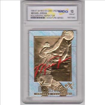 Graded Gem Mint 10 - Michael Jordan 1996-97 Skybox EX-2000 Credentials Holographic Refractor 23 Kt Gold Card