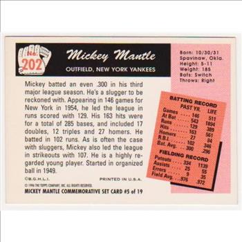 Mickey Mantle 1955 Bowman #202 Commemorative Card - 1996 Topps #5 of 19 Insert Card