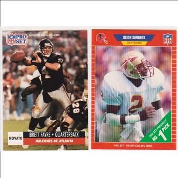 1991 Pro Set Spanish Brett Favre #262 + 1989 Pro Set Deion Sanders #486 Rookie Card Pair
