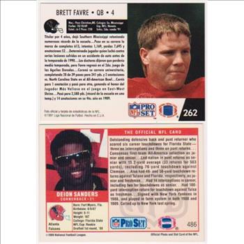 1991 Pro Set Spanish Brett Favre #262 + 1989 Pro Set Deion Sanders #486 Rookie Card Pair