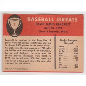 1961 Fleer Dave Bancroft #7 Card - HOF'er