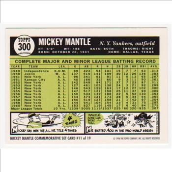 Mickey Mantle 1961 Topps #300 Commemorative Card - 1996 Topps #11 of 19 Insert Card