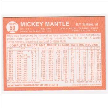Mickey Mantle 1964 Topps Finest #50 Commemorative Card - 1996 Topps #14 of 19 Insert Card