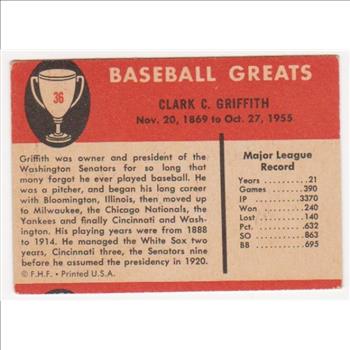 1961 Fleer Clark Griffith #36 Card - HOF'er