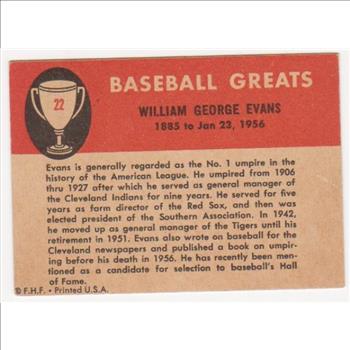 1961 Fleer Billy Evans #22 Card - HOF'er
