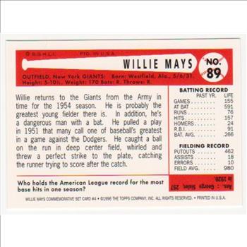 Willie Mays 1954 Bowman #89 Commemorative Card - 1997 Topps #4 Insert Card