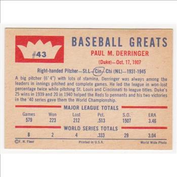 1960 Fleer Paul Derringer #43 Card