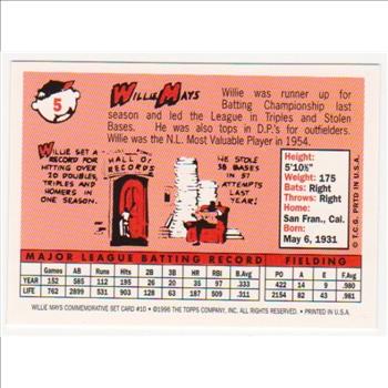 Willie Mays 1958 Topps #5 Commemorative Card - 1997 Topps #10 Insert Card