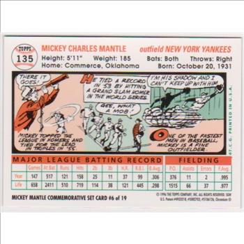 Mickey Mantle 1956 Topps #135 Commemorative Card - 1996 Topps Finest #6 of 19 Insert Card