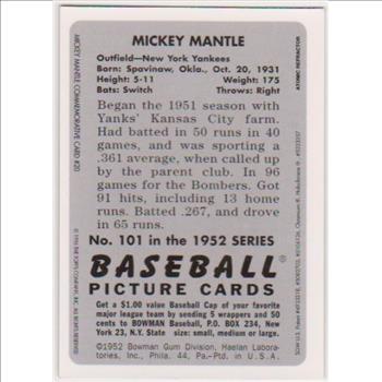 Atomic Refractor - MICKEY MANTLE 1952 Bowman #20 Commemorative Insert Card