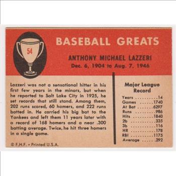 1961 Fleer Tony Lazzeri #54 Card - HOF'er