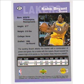 Kobe Bryant 1997-98 Upper Deck Kellogg's Gold #21 Card