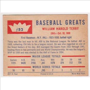 1960 Fleer Bill Terry #52 Card - HOF'er