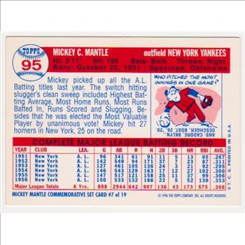Mickey Mantle 1957 Topps #95 Commemorative Card - 1996 Topps #7 of 19 Insert Card