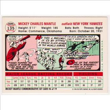 Mickey Mantle 1956 Topps #135 Commemorative Card - 1996 Topps #6 of 19 Insert Card