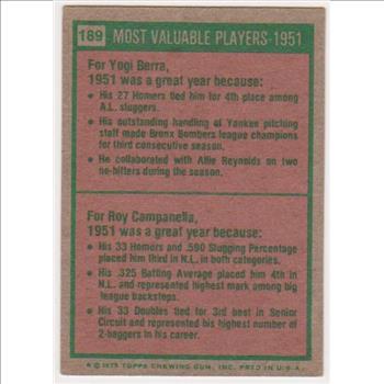 1975 Topps Yogi Berra/Roy Campanella #189 - HOF'ers