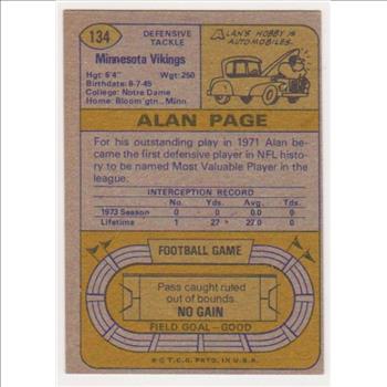 1974 Topps Alan Page #134 Card - HOFer
