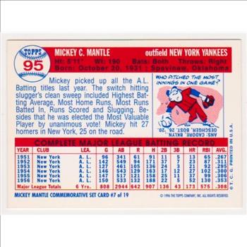 Mickey Mantle 1957 Topps #95 Commemorative Card - 1996 Topps #7 of 19 Insert Card