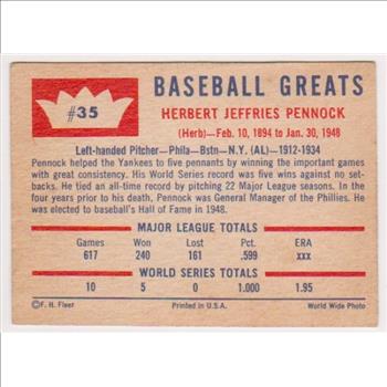 1960 Fleer Herb Pennock #35 Card - HOF'er