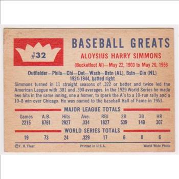 1960 Fleer Al Simmons #32 Card - HOF'er