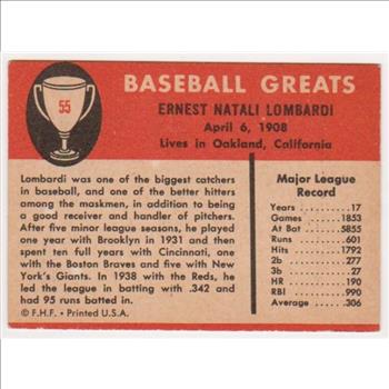 1961 Fleer Ernie Lombardi #55 Card - HOF'er