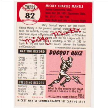 Mickey Mantle 1953 Topps #82 Commemorative Card - 1996 Topps #3 of 19 Insert Card